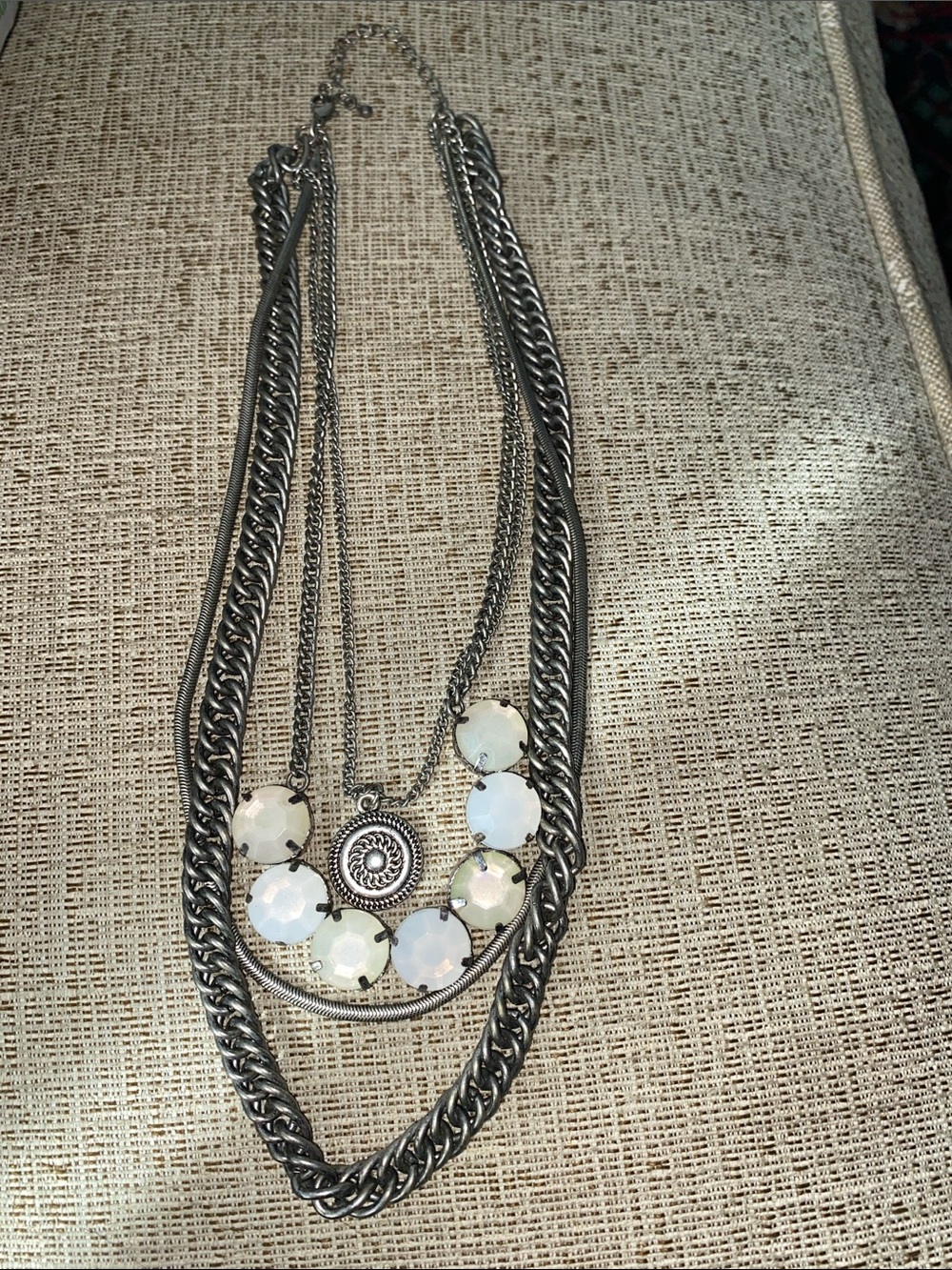 Multi-Row Silver Necklace with Opalescent Gemstones - Women Jewelry